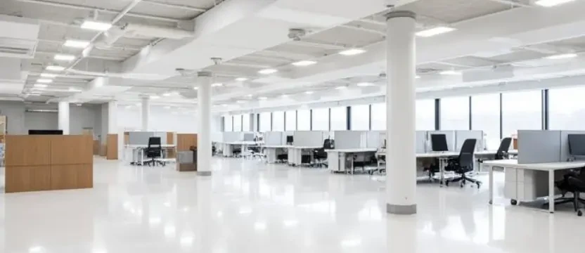 SKKS spacious small office cleaning service showing a spotless reception area leading to pristine workstations