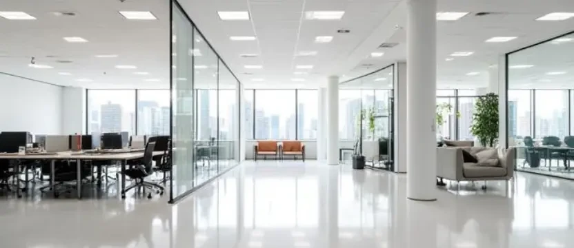 SKKS vast small office floor deep cleaning service showing a massive pristine open workspace with multiple clean zones