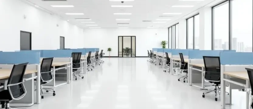 SKKS expert medium office cleaning service showing an organized row of clean desks and a glass meeting room