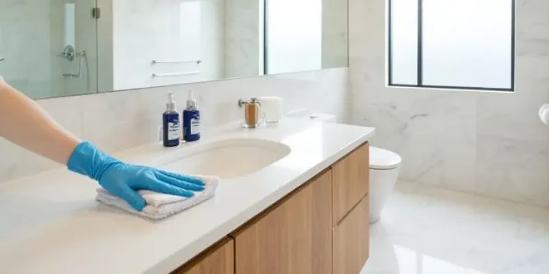 SKKS professional bathroom deep cleaning service showing a gloved hand wiping a spotless modern white vanity countertop
