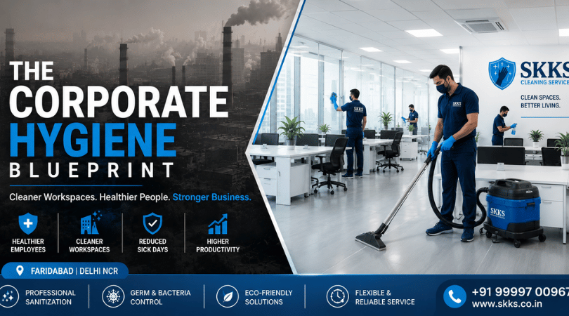 A professional SKKS Cleaning Services team maintaining deep hygiene in a Faridabad corporate office against the backdrop of industrial zones.