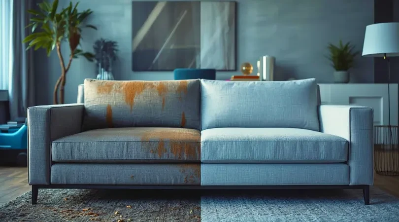 Professional sofa deep cleaning before and after results showing stain removal by SKKS Cleaning Services