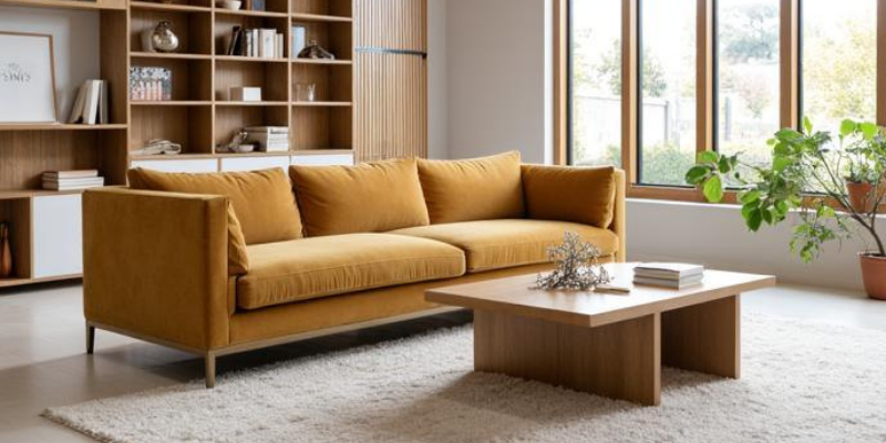 SKKS premium furnished home deep cleaning service showing a spotless modern living room with a clean yellow velvet sofa and wooden table