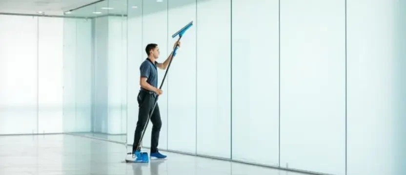 SKKS professional office glass cleaning service showing an expert using a squeegee on a large floor to ceiling glass partition