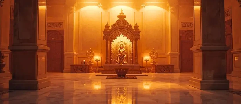 Beautifully lit and completely dust-free traditional wooden Pooja room, ensuring a pure and hygienic prayer space