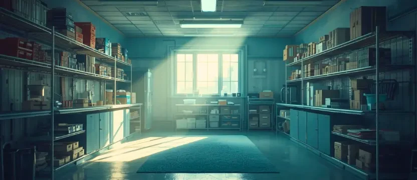 Neatly organized and completely sanitized store room with spotless pantry shelves and a dust-free environment